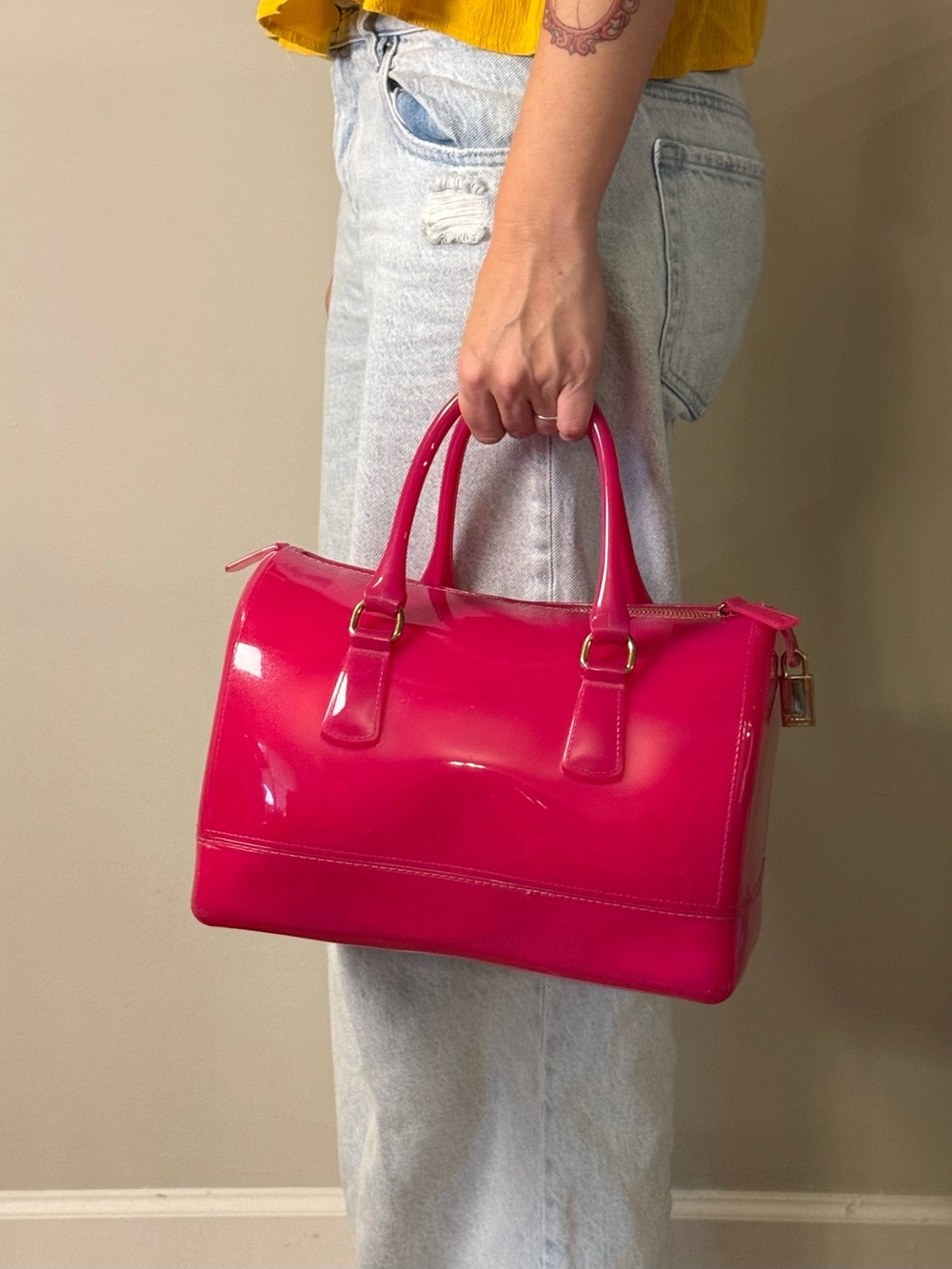 Furla Candy Bag Jelly Glossy Fuchsia Barrel Satchel